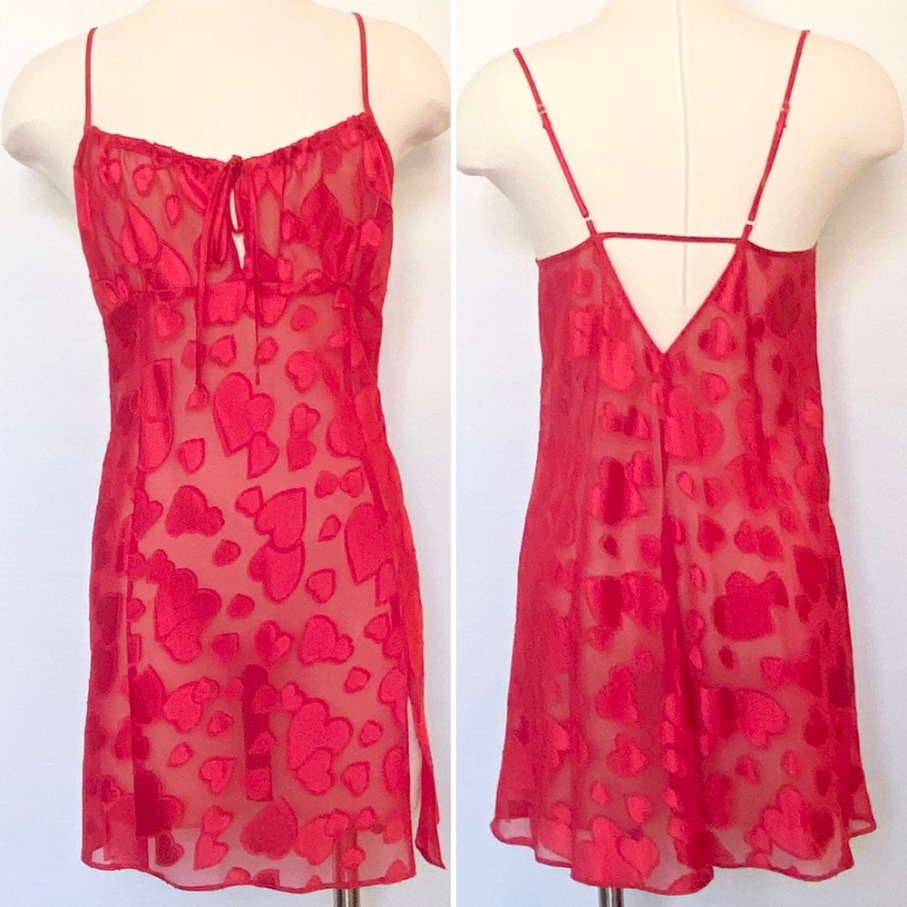Y2K Frederick’s of Hollywood Sheer Red Silky Chiffon Hearts Vintage Slip Dress L
